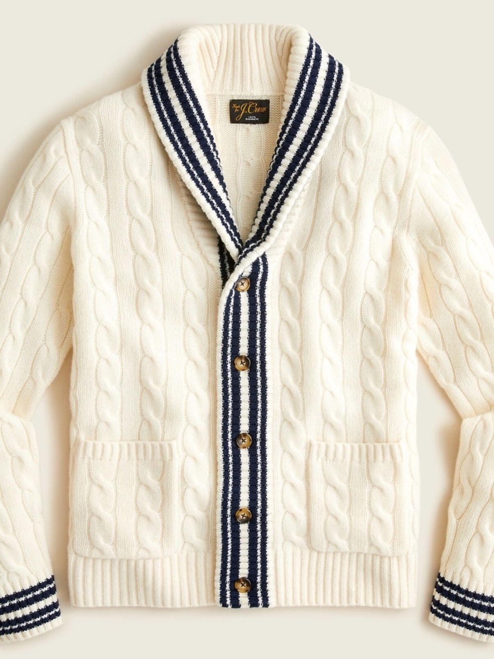 J. Crew Men's Cream Cashmere Cable-Knit Varsity Cardigan Sweater Medium